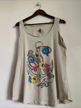 Volcom Cream Tank Top with Colorful Floral Anchor Graphic